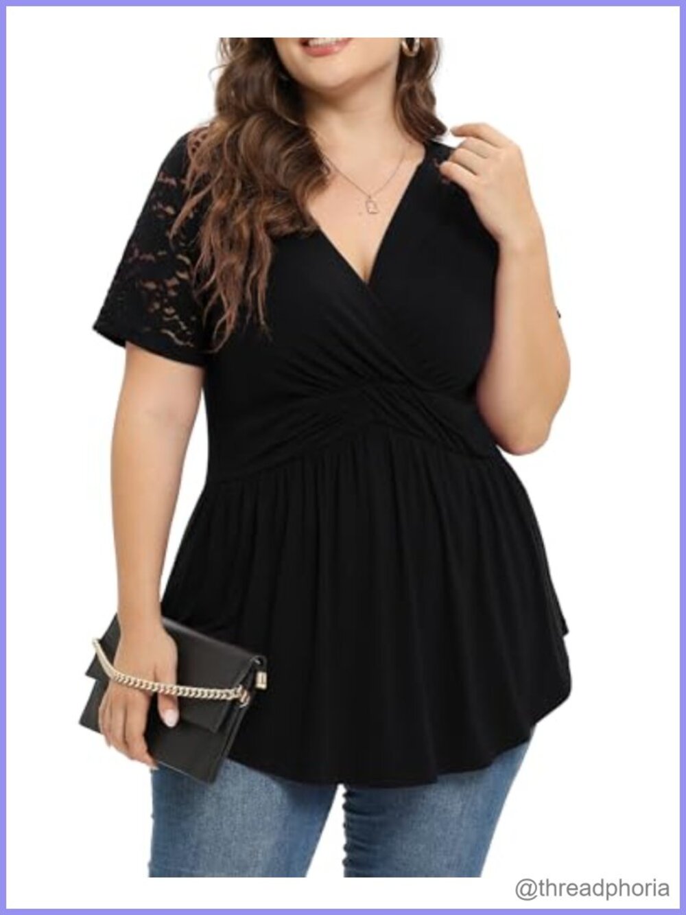 Plus Size Wrap V Neck Babydoll Tunic Top Lace Short Sleeve Blouse